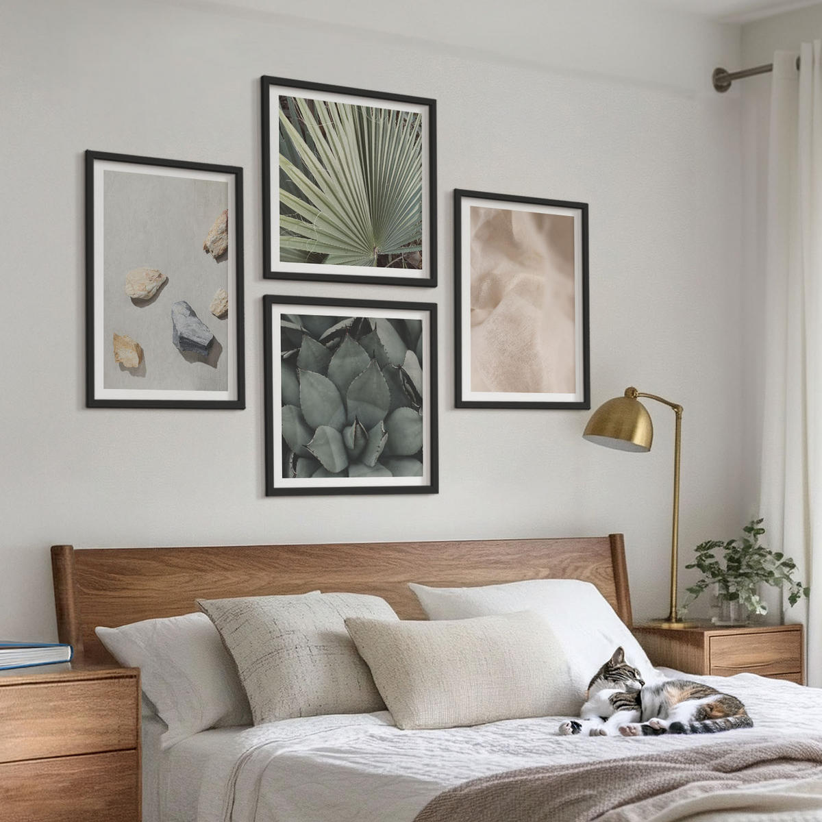 WANDBILDER 4er-Set - 50x50 cm & 40x60 cm Schwarzer Rahmen - Steine, Holz, Stofftexturen - Schwarz, Kunststoff (50/50cm) - ArtPrintCave