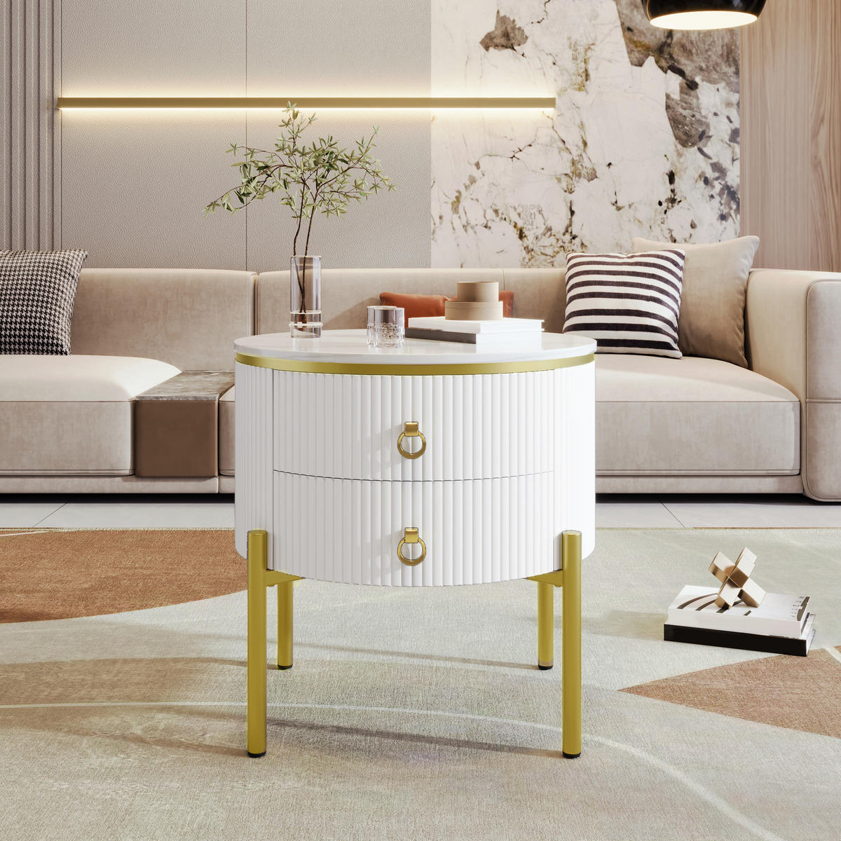 COUCHTISCH DE-019 Marmoroptik Weiß/Gold - Weiß, Holzwerkstoff (50/50/51cm) - ComfortXL