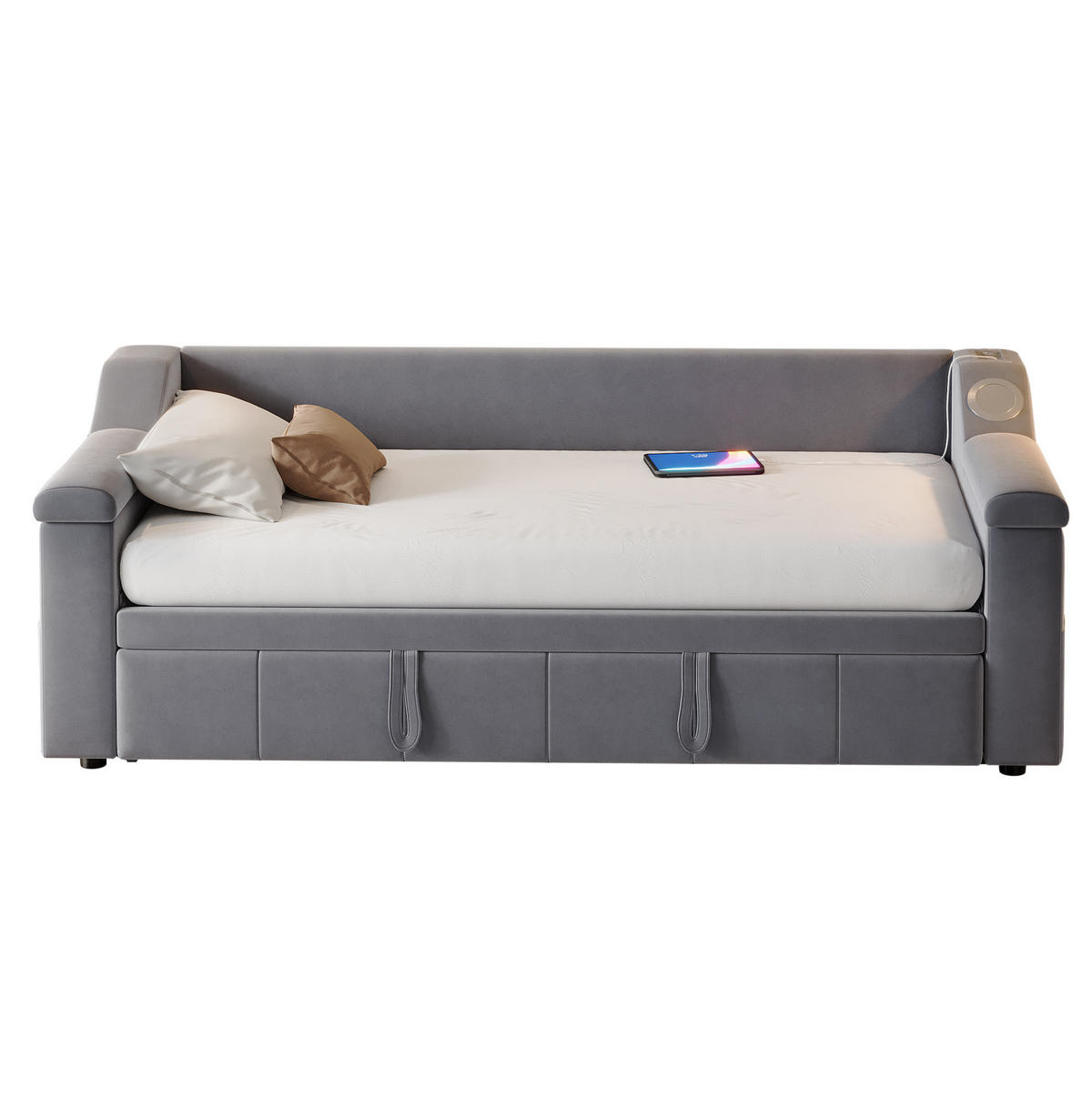 SCHLAFSOFA 90/190-180/190 cm mit hydraulischem Auszug, Bluetooth-Stereo, USB und Ablagefächern, Grau - Grau, Textil (216/69/97cm) - Redom