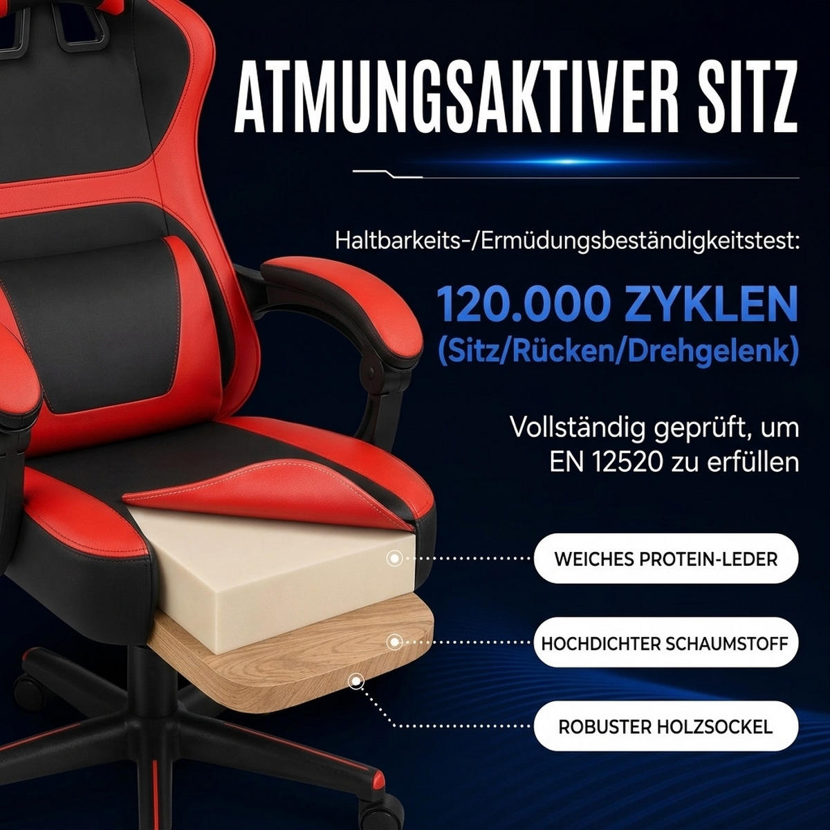 GAMING-STUHL schwarz-rot ergonomisch mit ausziehbarer Fußstütze, Nacken- und Lendenkissen, höhenverstellbar - Rot, Leder (54/116/61cm) - BRILVERDE