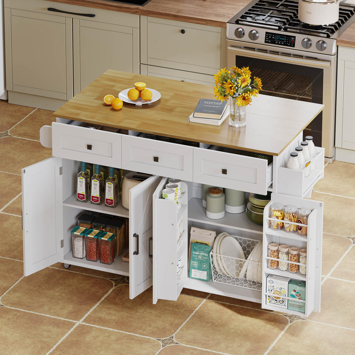 KÜCHENINSEL 140/43/90,5 cm Weiß/Natur aus MDF klappbar - Weiß, Holzwerkstoff (140/93/70cm) - OKWISH