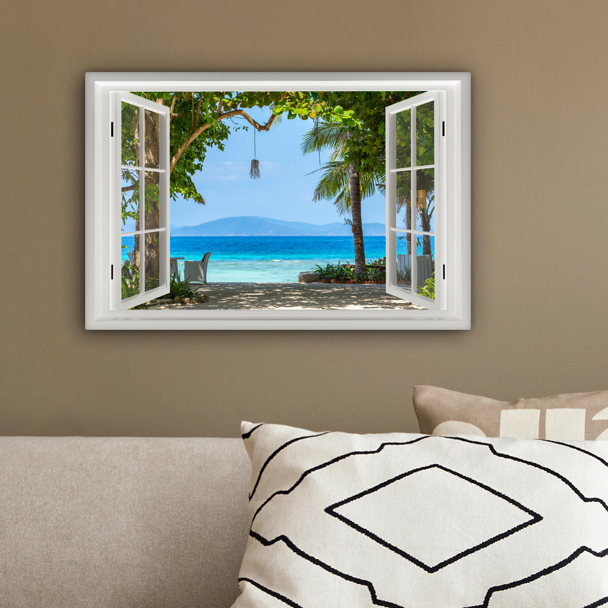 LEINWANDBILD Aussicht - Baum - Meer - Palme - Hügel - Strand - Blau 30x20 cm - Blau, Textil (30/20cm) - MuchoWow