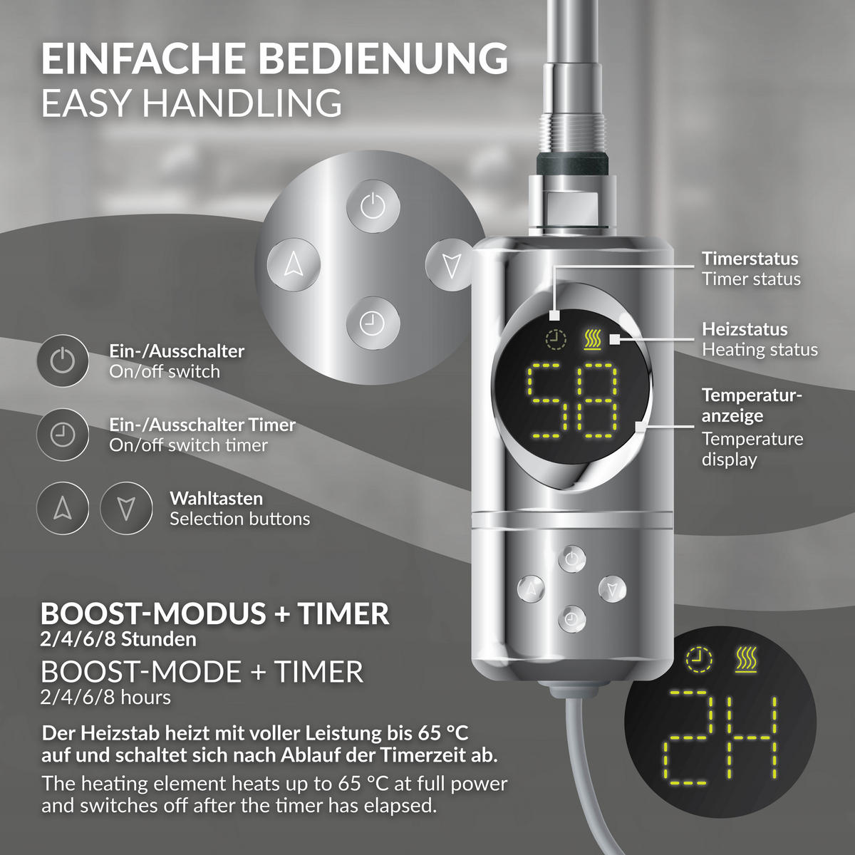 BADHEIZKÖRPER elektrisch Sahara 600x1800 mm Chrome gerade mit Heizstab 1200W Digital - Chromfarben, Metall (60/180/3cm) - LuxeBath