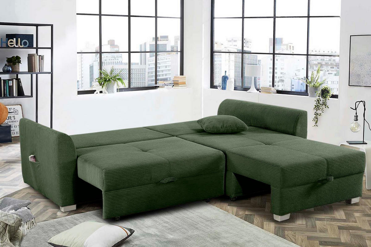 ECKSOFA mit Schlaffunktion und Bettkasten, seitenverkehrt montierbar B236/T160/H81 cm, Liegefl. 142x202 cm, Cord Grün / 15207 - Chromfarben/Grün, Kunststoff/Textil (236/160cm) - luma-home