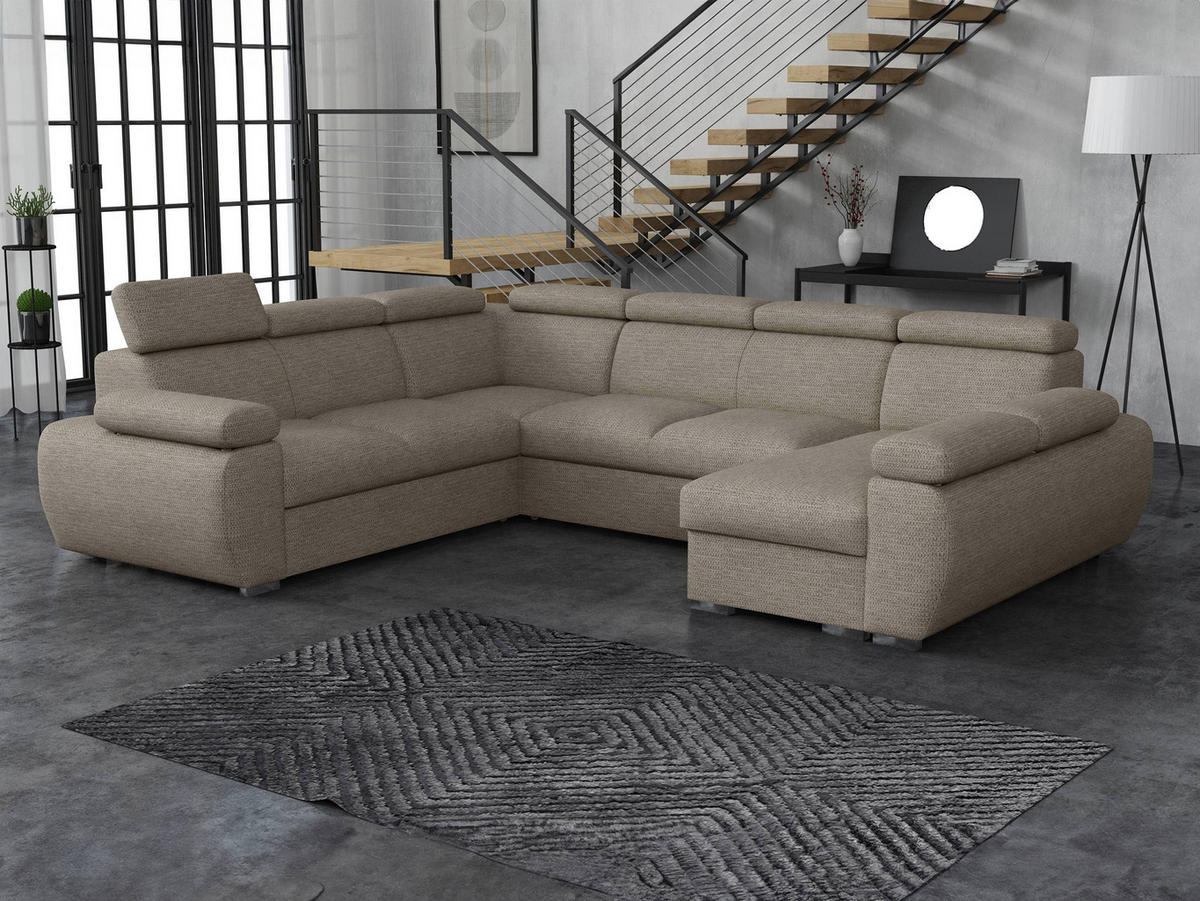 WOHNLANDSCHAFT Boston U, Seite: Rechts - 2R+R+2P+LC - Chromfarben/Hellbraun, Holz/Textil (325/98/260cm) - MIRJAN24