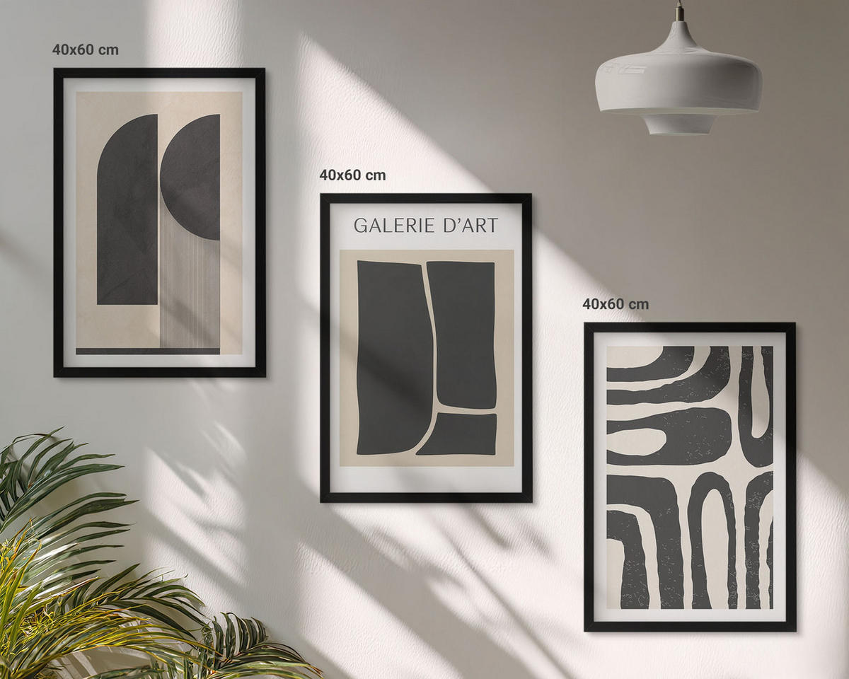 WANDBILDER 3er-Set - 40x60 cm Schwarzer Rahmen - Abstrakte minimalistische Poster - Schwarz, Kunststoff (40/60cm) - ArtPrintCave