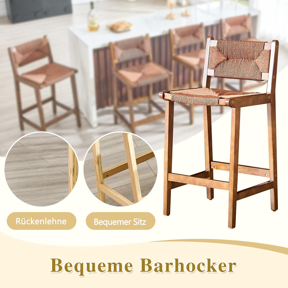 BARHOCKER Walnuss 2er-Set aus Massivholz mit Rückenlehne und Seilgeflecht - Walnussfarben, Holz (44/89/42cm) - PANGIVO