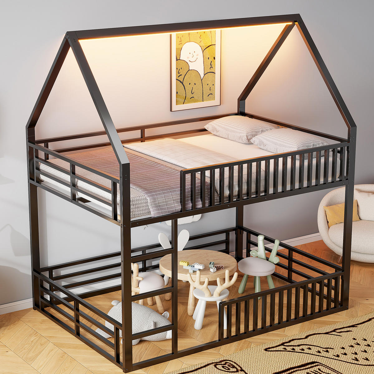 ETAGENBETT 140/200 cm in Schwarz mit LED aus Metall im Hausbett-Design - Schwarz, Metall (140/200cm) - STILVORA