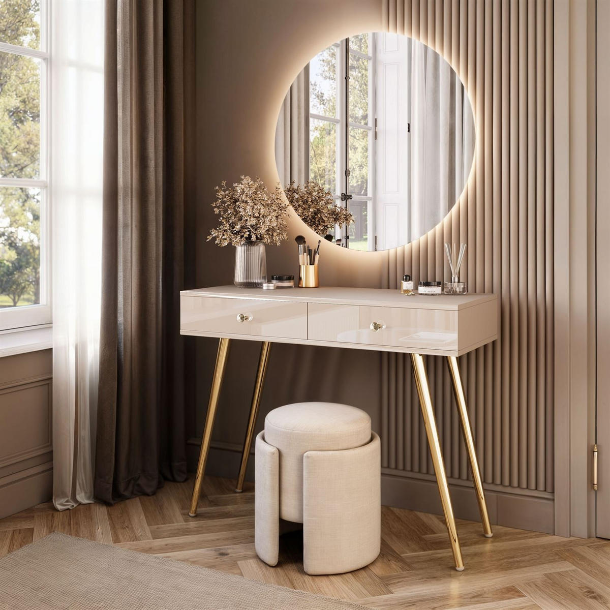 SCHMINKTISCH SIENNA GLAMOUR KASCHMIR mit LED-Spiegel - Kaschmir/Goldfarben, Holzwerkstoff (100/81/42cm)