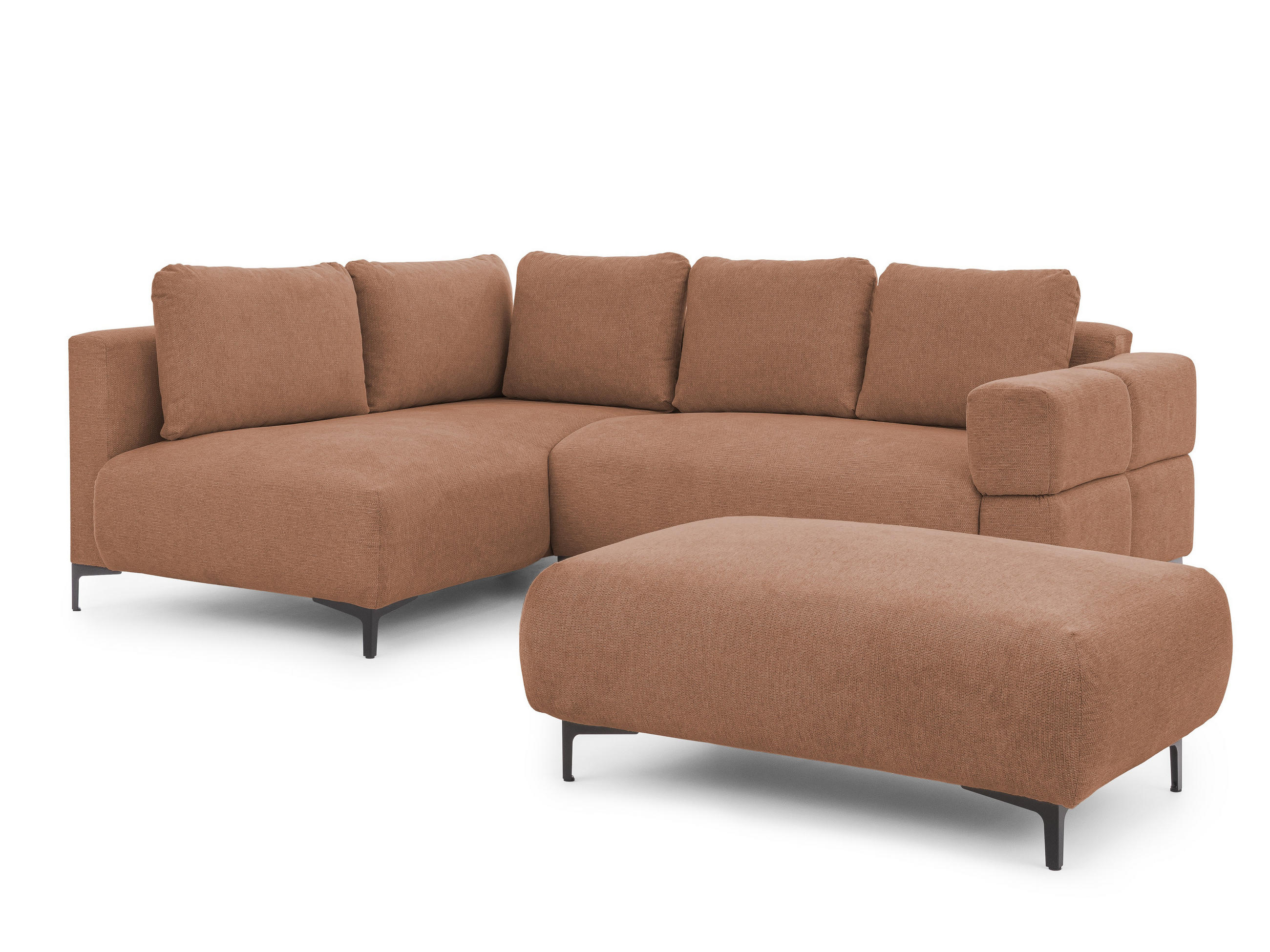 ECKSOFA inkl. Hocker Cardea mit Schlaffunktion in Bubble-Optik aus weichem Terrakotta Strukturstoff und hohem Sitzkomfort - Ottomane links - Terracotta/Schwarz, Holz/Textil (170/230cm) - S-Style Möbel