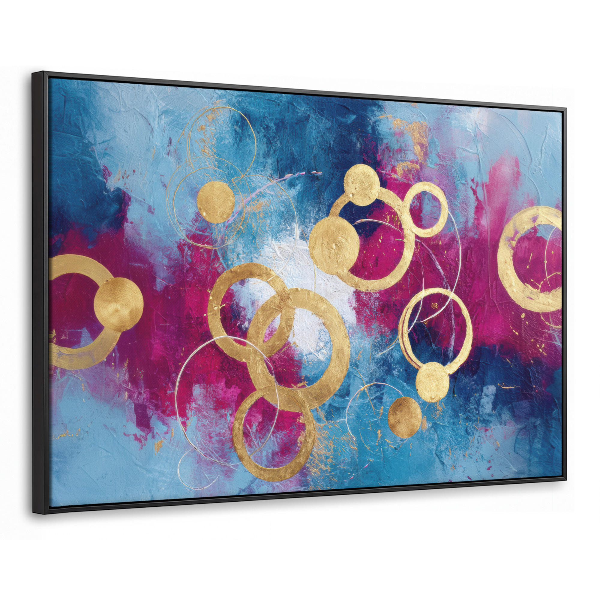 LEINWAND Bilder mit Rahmen - Kreise - Gold - Abstrakt - 140x90 - Blau, Textil (140/90cm) - MuchoWow