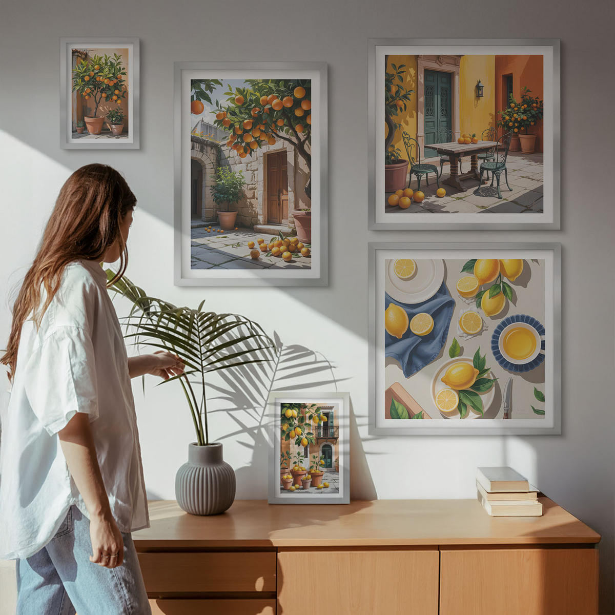 BILDER SET 5er Set - 50x50 cm & 20x30 cm & 40x60 cm Silberner Rahmen - Zitrusgarten in der Sonne - Silberfarben, Kunststoff (40/60cm) - TULUP
