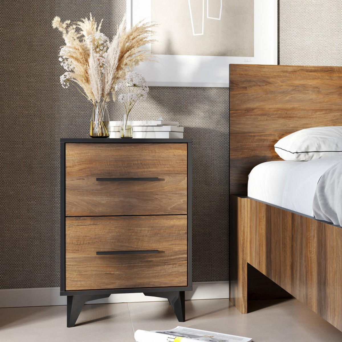 DREHTÜRENSCHRANK Felia mit 3 Türen, 135 cm - Walnussfarben/Schwarz, Holzwerkstoff (135/201/50.5cm) - Beautysofa