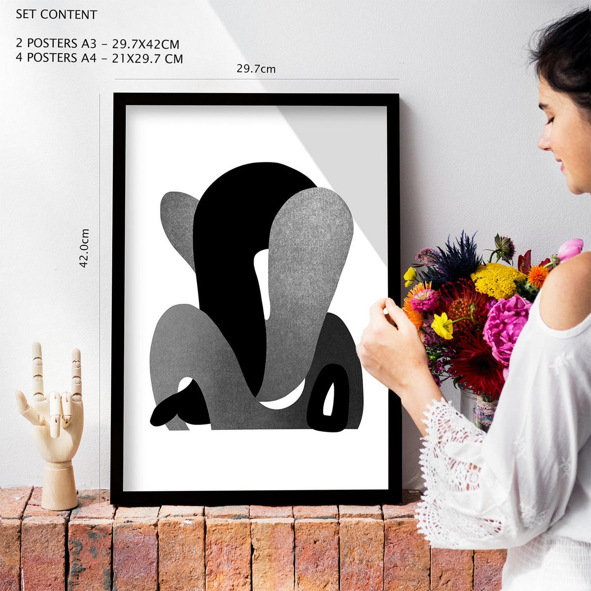POSTER Set Mit 6 Bent Body Abstrakte Liebhaber Größe A3 & A4 Schwarzer Rahmen - Schwarz, Papier (29.7/1cm) - Nacnic