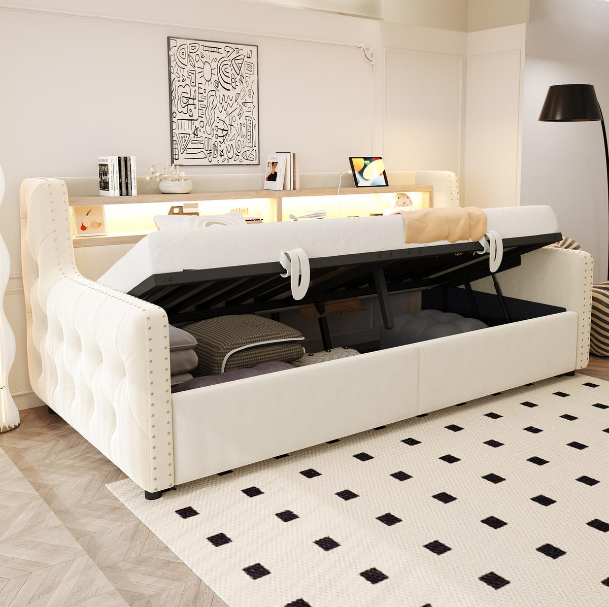 POLSTERBETT 90/200 cm aus Samt mit LED-Beleuchtung, Beige - Beige, Textil (90/200cm) - OKMYHOME