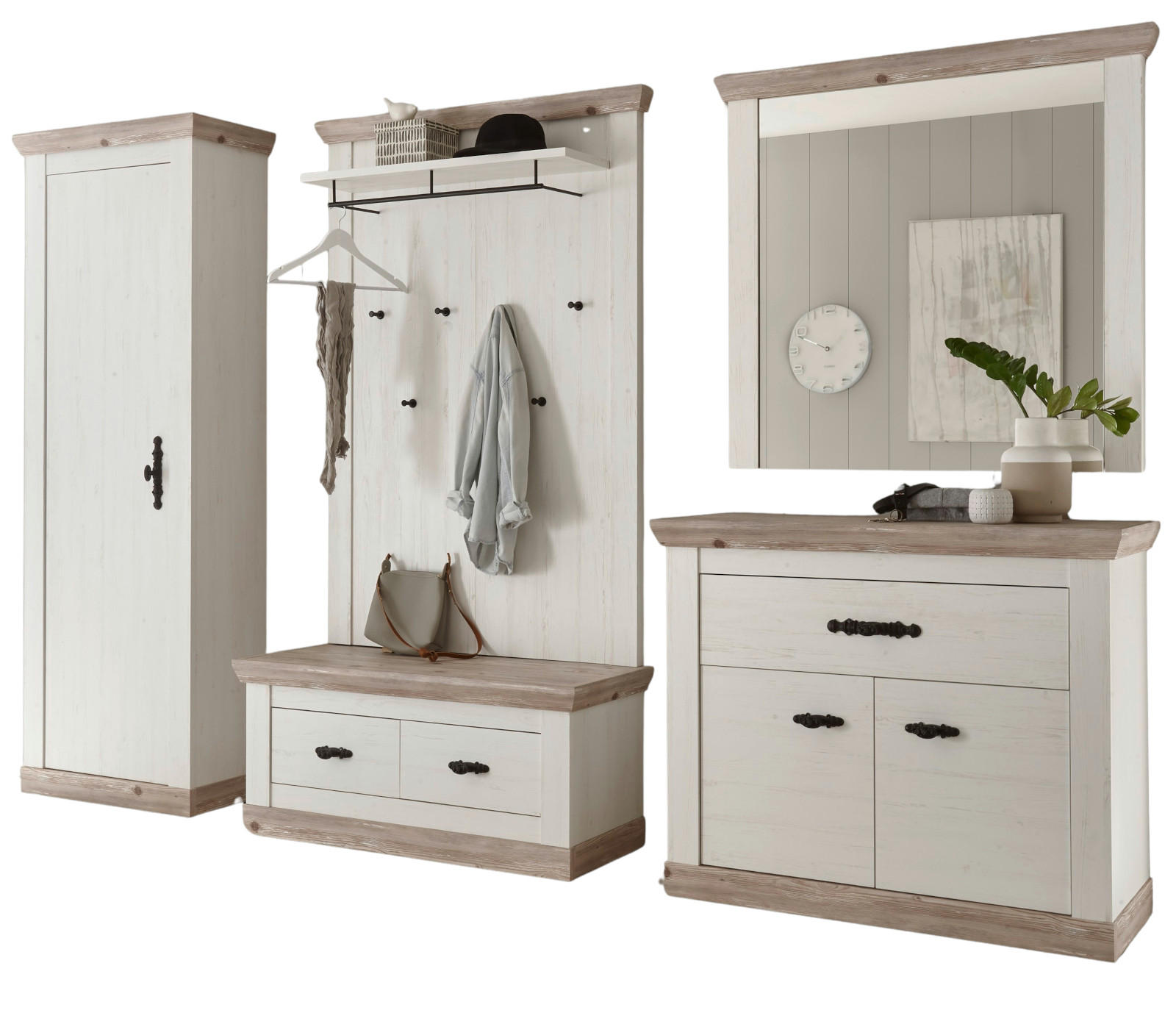 GARDEROBENKOMBINATION Pinie weiß, Oslo Pinie Landhaus, Garderobe Set 5-tlg., 307 x 201 cm - Weiß/Pinienfarben, Holzwerkstoff/Metall (307/201/45cm) - Furn.Design