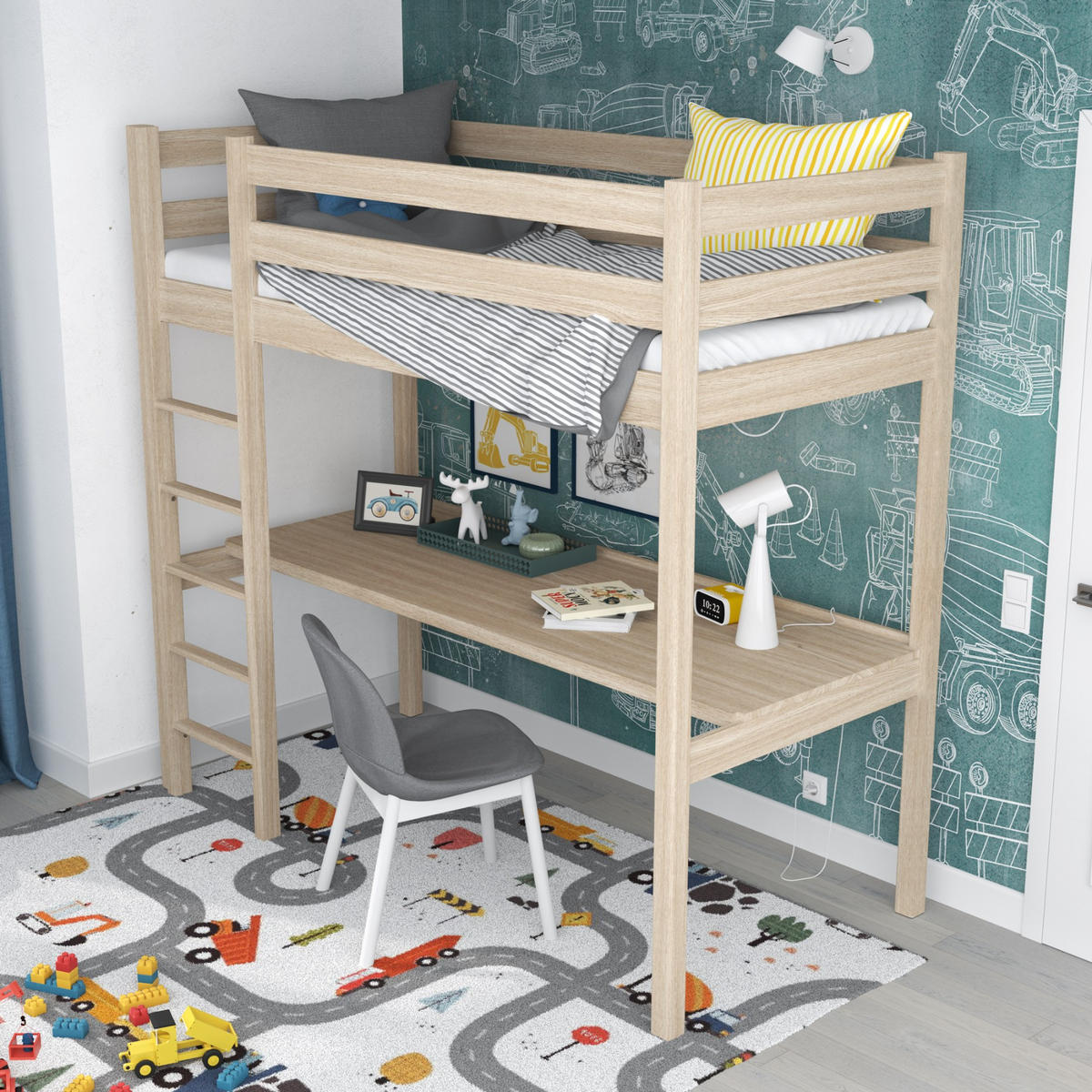 HOCHBETT N05 mit Schreibtisch Sonoma Eiche 100/190 - Sonoma Eiche, Naturmaterialien/Holz (100/190cm) - N-Wood