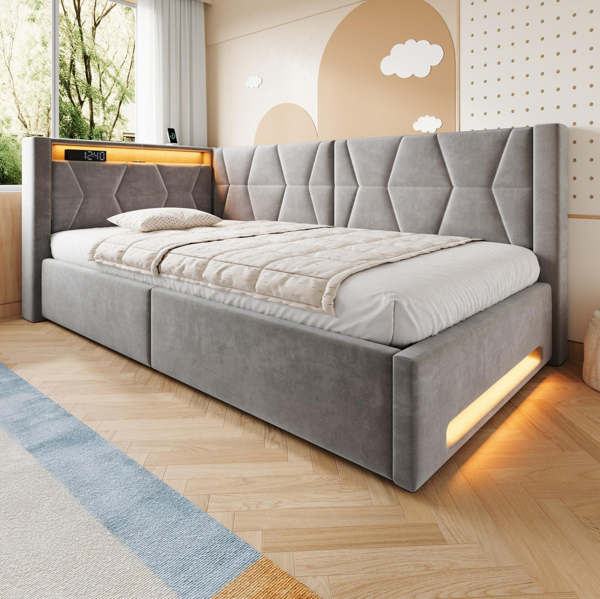 POLSTERBETT 90/200 cm in Dunkelgrau mit Stauraum, LED-Beleuchtung und USB - Dunkelgrau, Metall (90/200cm) - Flora Grace