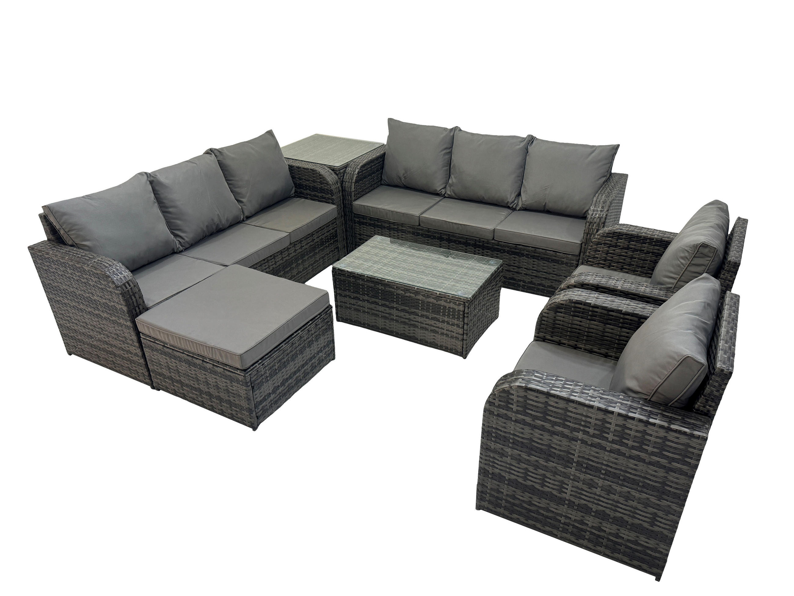 GARTENMÖBEL-SET mit Kissen Polyrattan Dunkelgrau 9-Sitzer - Dunkelgrau/Grau, Glas/Kunststoff - Fimous
