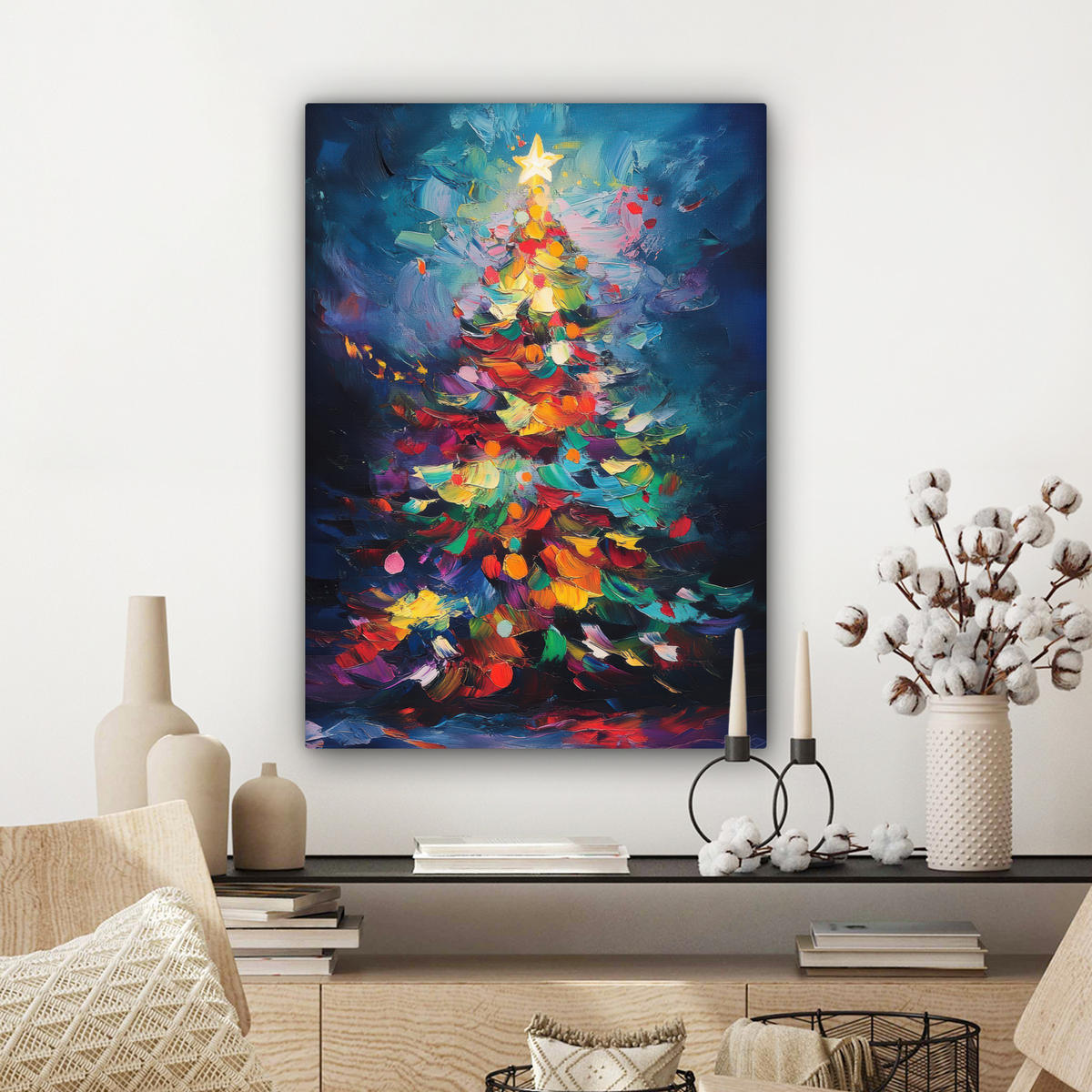 LEINWANDBILD Weihnachtsbaum - Weihnachten - Abstrakt - Farbenfroh Wandbild Wohnzimmer 60x80 cm - Multicolor, Textil (60/80cm) - MuchoWow