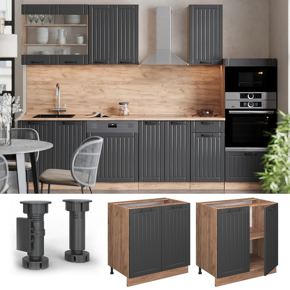 KÜCHENUNTERSCHRANK Fame-Line Dunkelgrau 80 cm mit Regal, AP Eiche - Honigeiche/Dunkelgrau, Holzwerkstoff (80/82/60cm) - Vicco