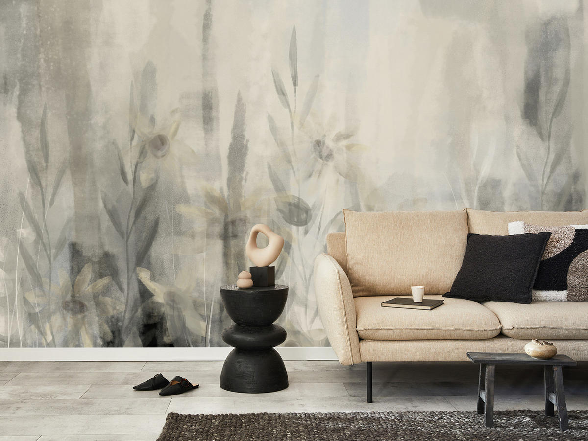 FOTOTAPETE Aquarell Blumen Blätter Abstraktion Vintage 250x175 - Beige/Grau, Papier (250/175cm) - Muralo