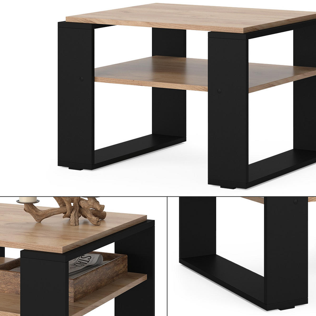 COUCHTISCH Helm Goldkraft Eiche 65.6 x 55,8 cm mit Ablage - Honigeiche/Schwarz, Holzwerkstoff (55.8/65.6/46.2cm) - Vicco