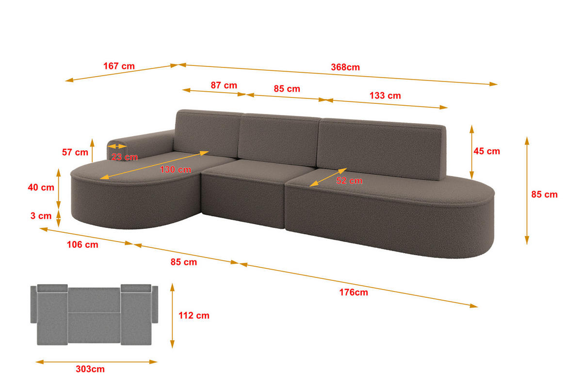 ECKSOFA mit Schlaffunktion Ottomane Links MARI L2-S 368X167X85 Braun Bouclé - Schwarz/Braun, Holzwerkstoff/Kunststoff (368/167cm) - ALTDECOR