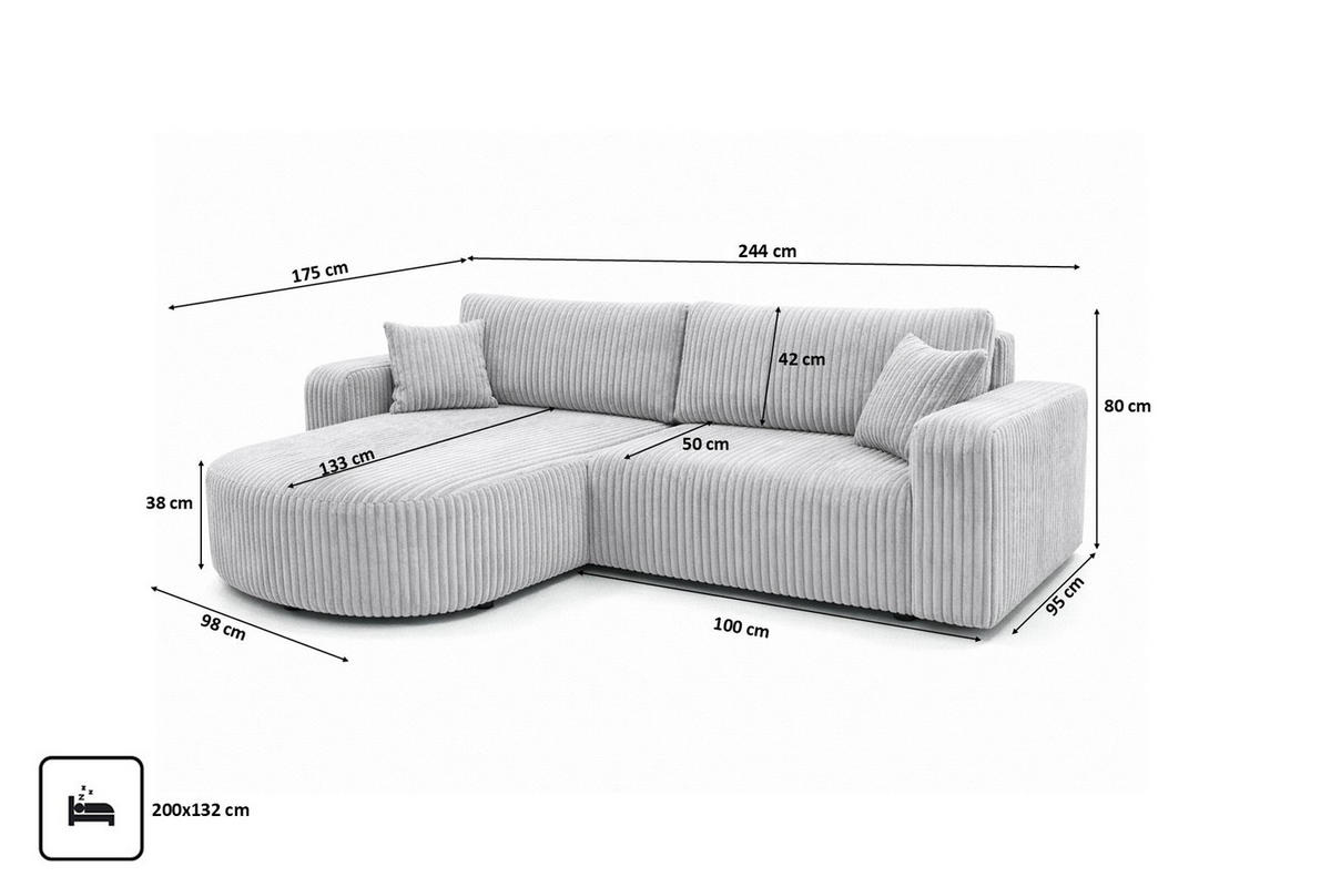 ECKSOFA Mit Schlaffunktion, Cordstoff Tilia, Grau, Links, ROUND ONE - Grau, Holz (244/175cm) - Kaiser Möbel