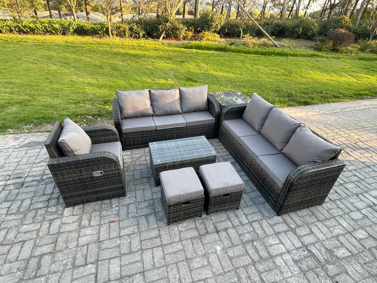 GARTENMÖBEL-SET mit Kissen Polyrattan Dunkelgrau 9-Sitzer - Dunkelgrau/Grau, Glas/Kunststoff - Fimous