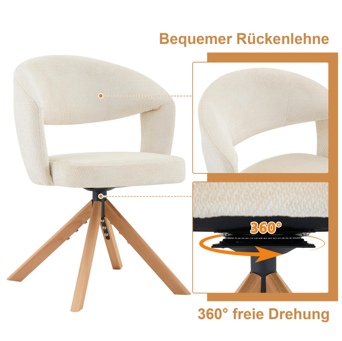DREHSTUHL 2er-Set 81,5 cm Strukturstoff Weiß Massivholz - Weiß, Holz (47.5/81.5/47cm) - Meubliv