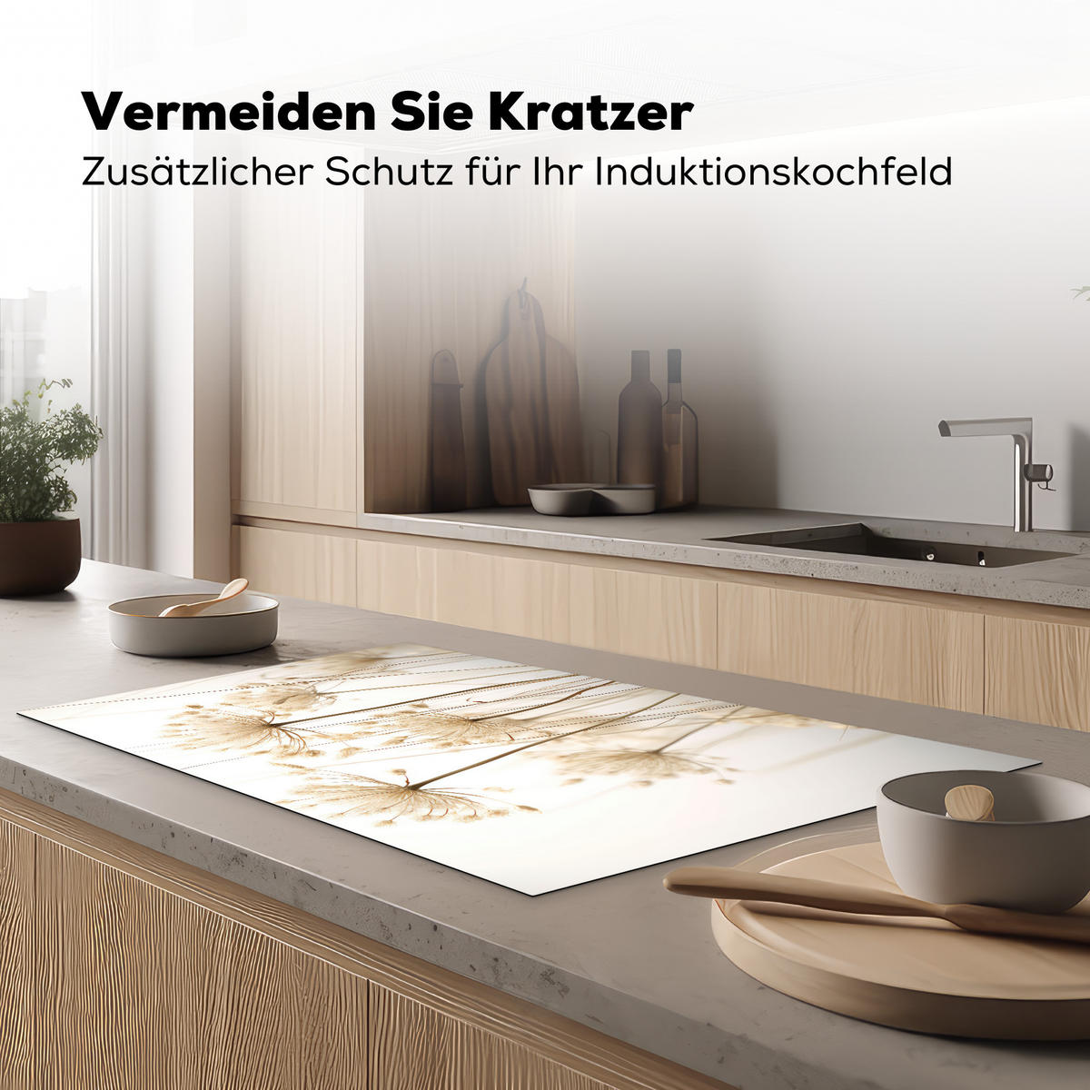 HERDABDECKPLATTE Blumen - Weiß - Sonnenlicht Induktionsschutz 91.6x52.7 cm - Ecru, Kunststoff (91.6/52.7/0.2cm) - MuchoWow