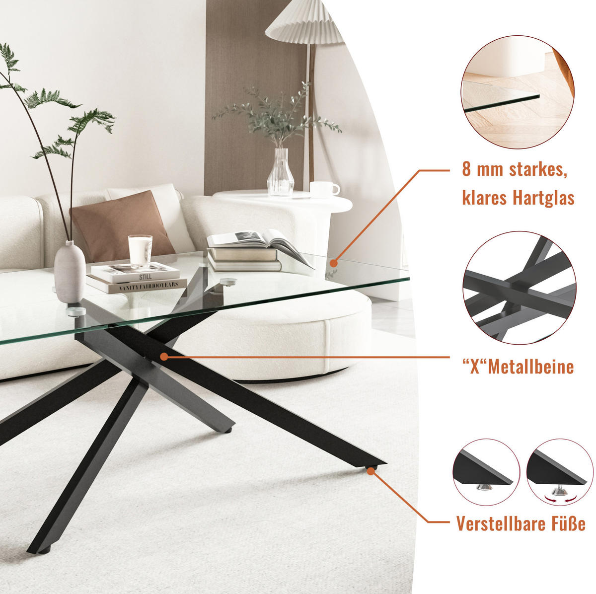 COUCHTISCH aus Sicherheitsglas 100x60x46 cm und Metall Schwarz - Schwarz, Glas (100/60/46cm) - IVMEU