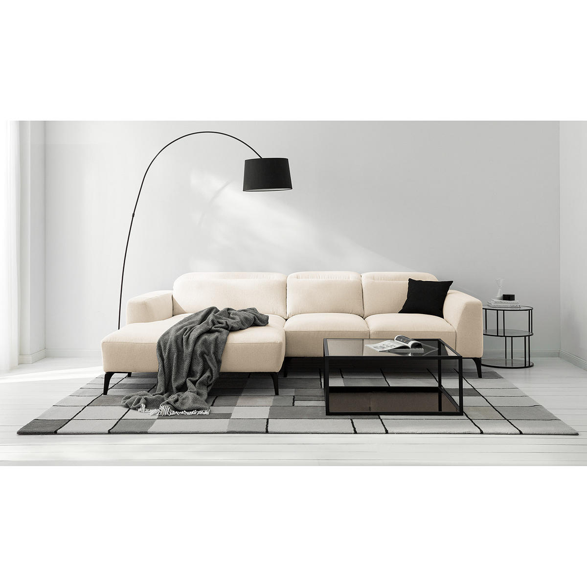 ECKSOFA mit Longchair - Beige/Schwarz, Textil/Metall (265/180cm) - home24