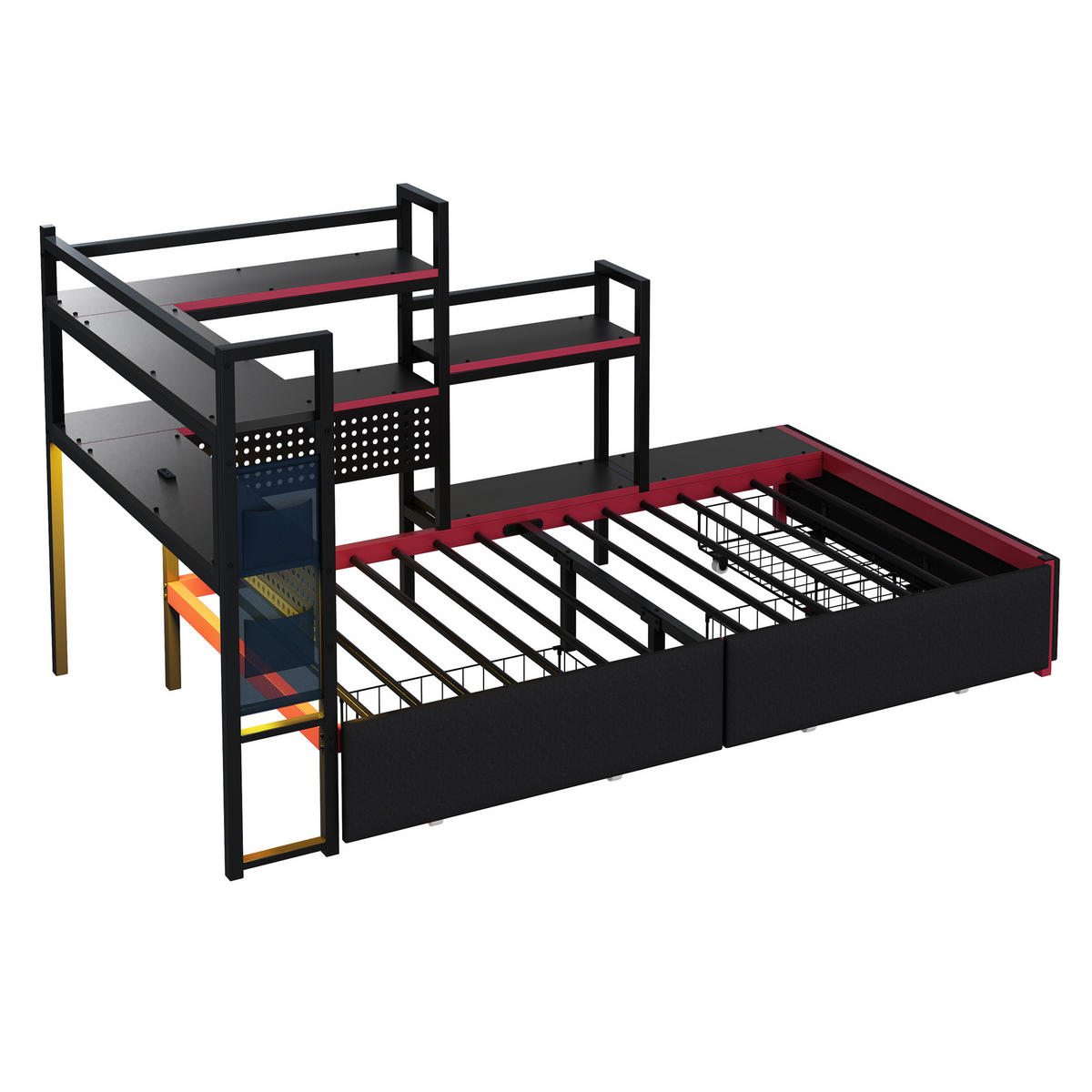 METALLBETT 90/200 cm in Schwarz mit Schubladen, LED, USB und Lochwand - Schwarz, Metall (90/200cm) - WISHDOR