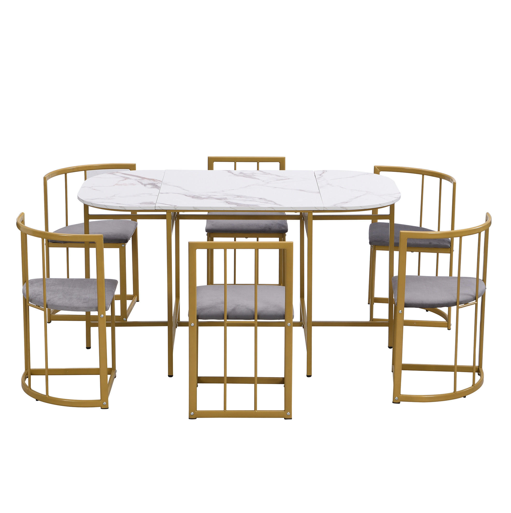 TISCHGRUPPE für 6 Personen mit Polsterstühlen in Weiß und Gold - Weiß, Holzwerkstoff (140/76/80cm) - BEAOK