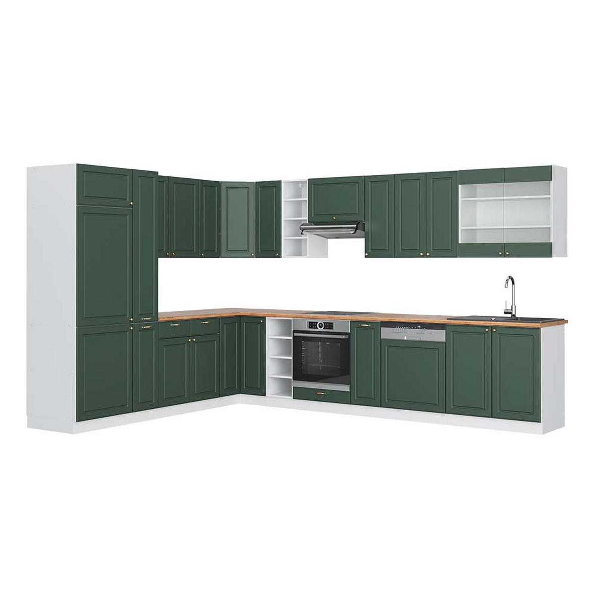 ECKKÜCHE Fame-Line Grün-Gold Landhaus/Weiß 347 x 257 cm, AP Eiche - Weiß/Grün, Holzwerkstoff (347/81.6/60cm) - Vicco