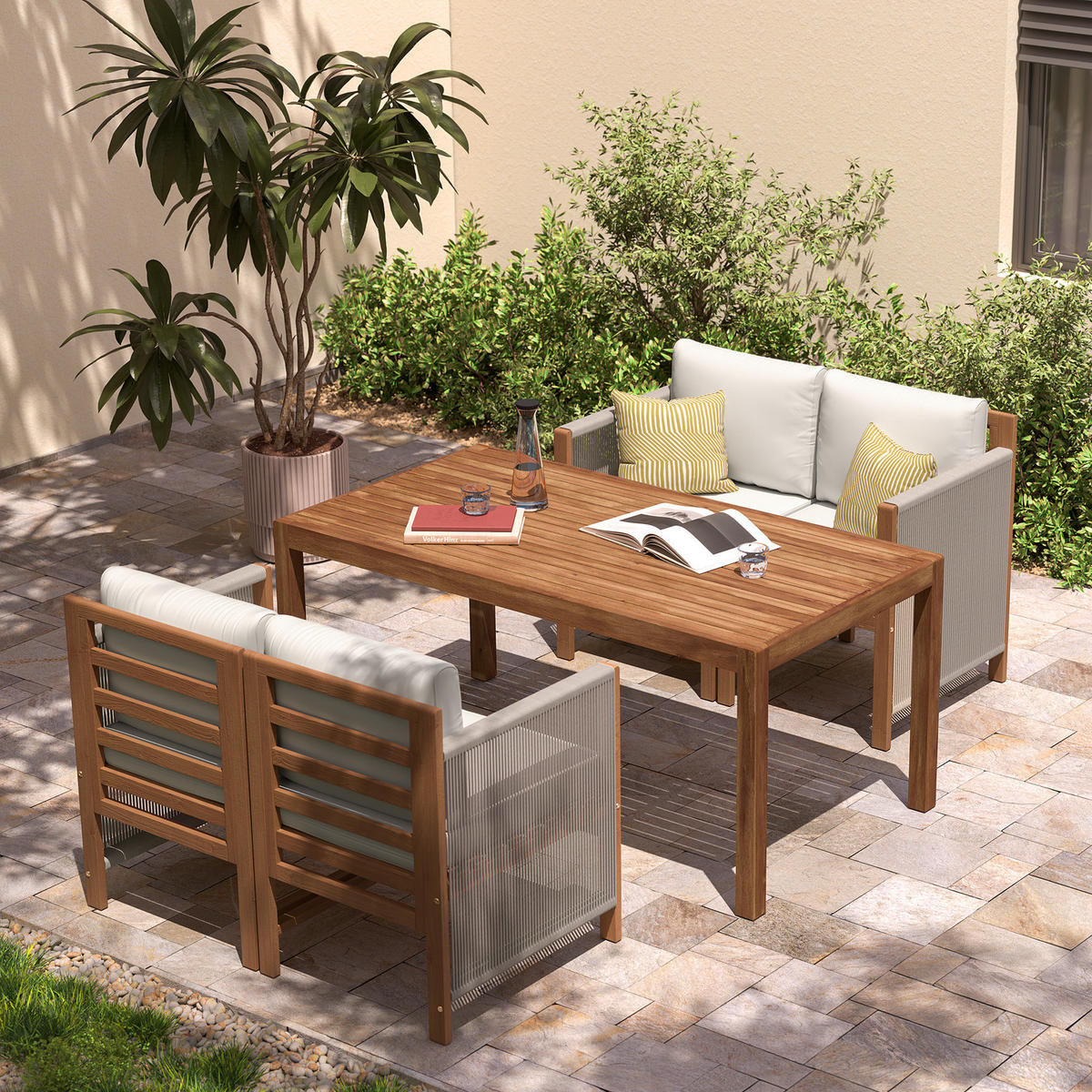 DINING-LOUNGESET - 5-teilig - Akazie massiv / Polyester - Braun / Beige - Beige/Braun, Holz/Textil - home24