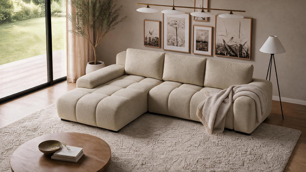 ECKSOFA Ovia mit Bettkasten und Schlaffunktion, Bouclé-Stoff in L-Form - Cappuccino, Textil (270/185cm)