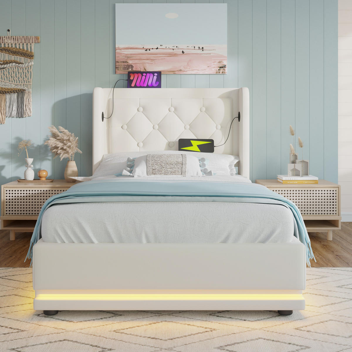 ČALÚNENÁ posteľ 90/200 cm biela z PU s úložným priestorom, USB-C a LED osvetlením s matracom - biela, plast (90/200cm) - OKWISH