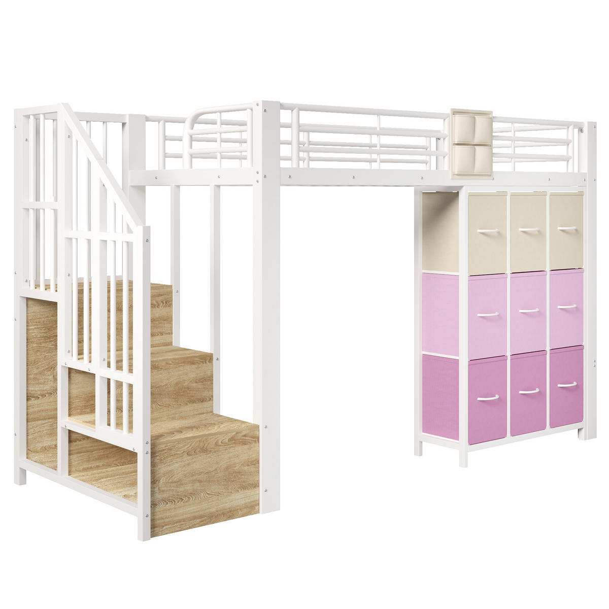 HOCHBETT mit Stauraumtreppe 90x200 cm Metall/MDF Weiß - Weiß, Metall (90/200cm) - Meubliv