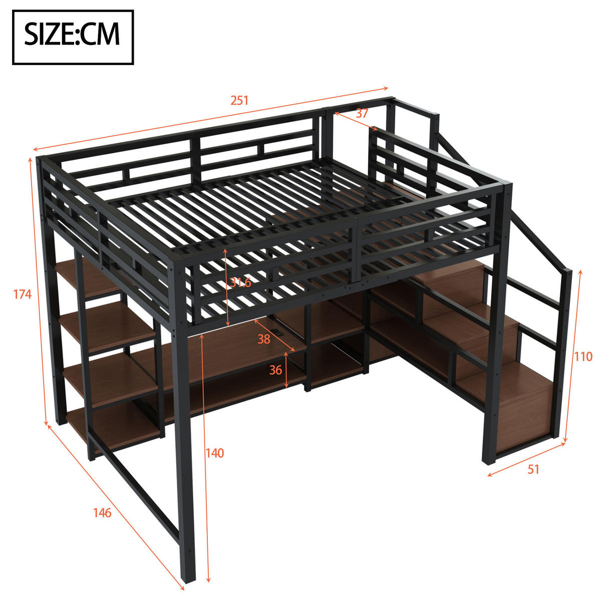 HOCHBETT Metall/MDF 140x200 cm Schwarz mit TV-Ständer, Steckdose und Aufbewahrungsleiter - Schwarz, Metall (140/200cm) - Modfu