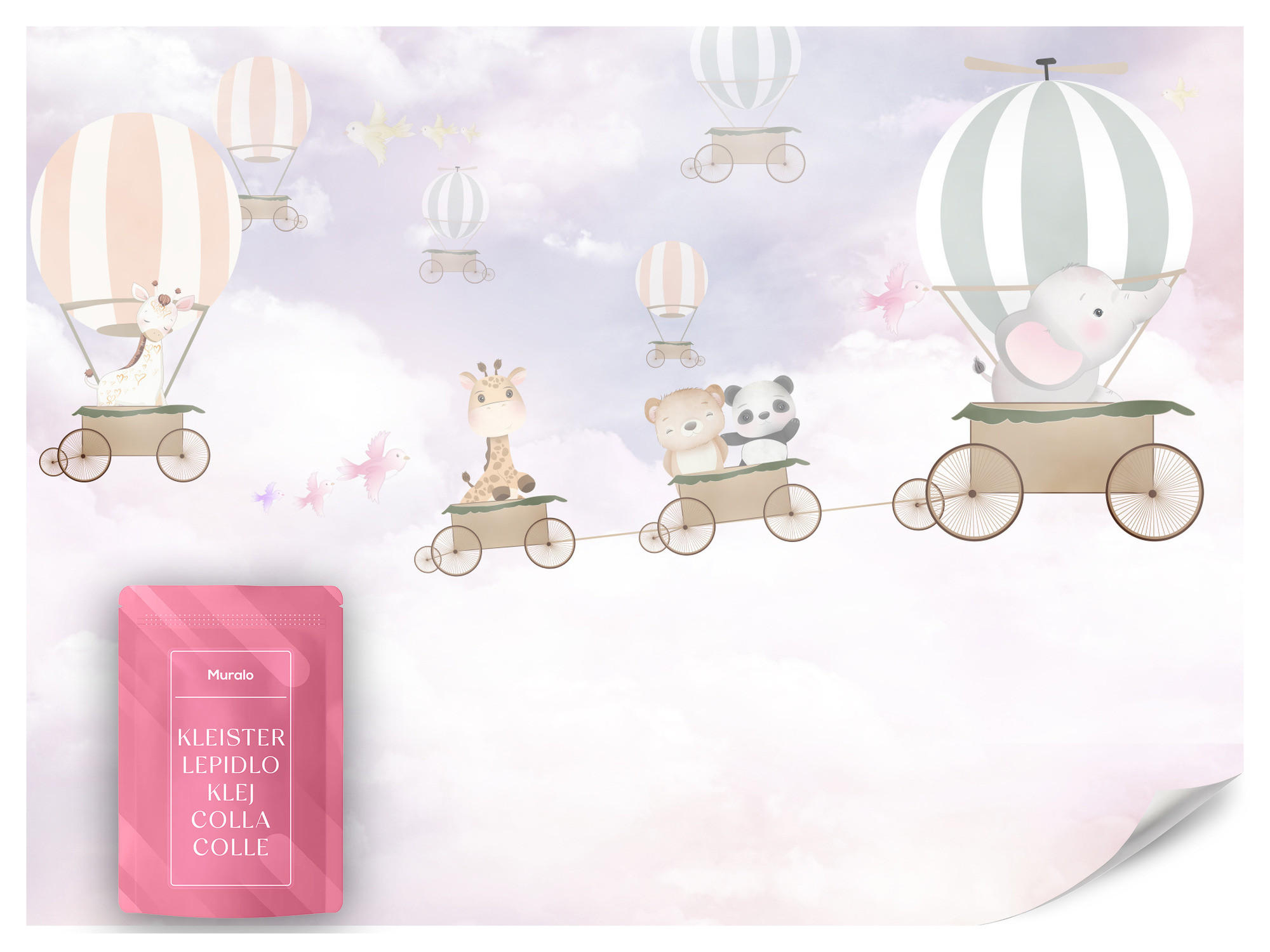 FOTOTAPETE für Kinderzimmer Tiere Wolken Luftballons 450x315 - Beige/Violett, Papier (450/315cm) - Muralo