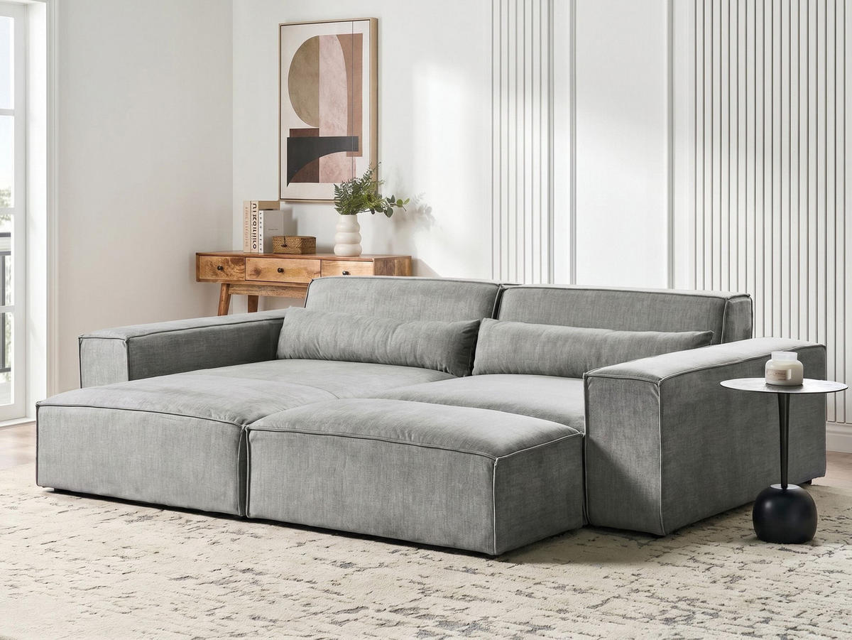 ROHOVÁ POHOVKA modul 3-místná pravostranná Šedá Látka s otomanem Hellnar - šedá, textil (262/176cm) - Beliani