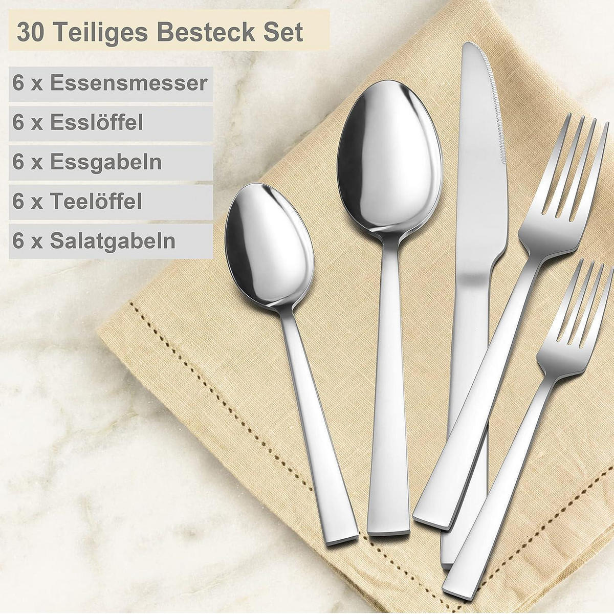 BESTECKSET 30-teilig Edelstahl Silber Hochglanzpoliert Spülmaschinenfest - Silberfarben, Metall