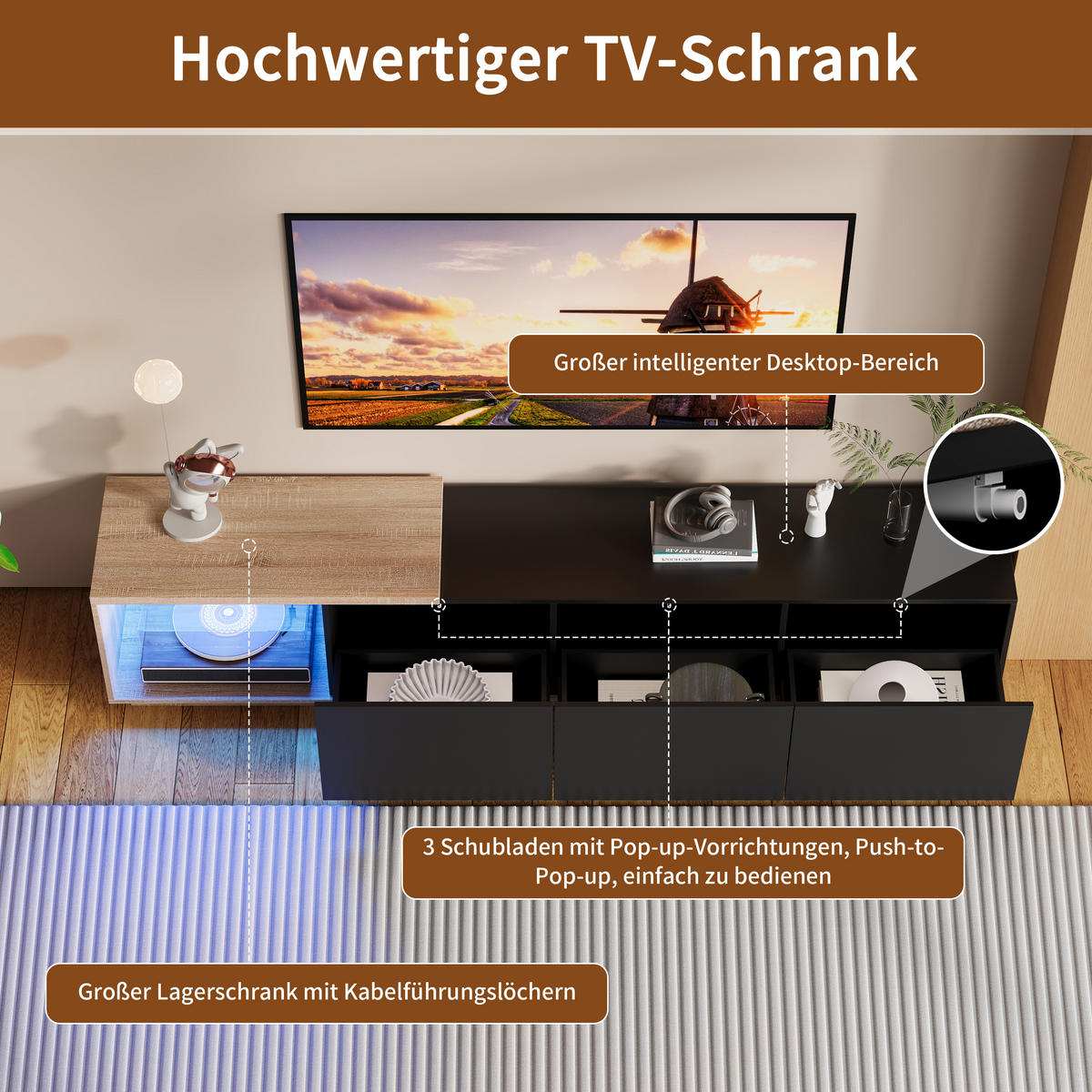 TV-SCHRANK 180 cm, schwarz, LED tricolor Sensor, Feder-Schubladen, Holz braun/schwarz - Schwarz, Holz (240/44/38cm) - EuroLiving