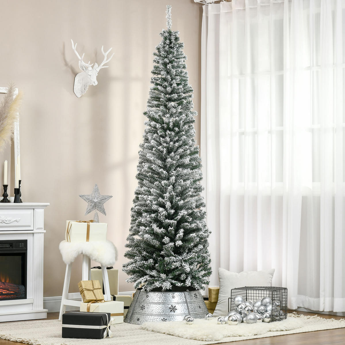 WEIHNACHTSBAUM DE-41545 Bleistift-Kiefernbaum 225 cm, Schnee - Grün, Kunststoff (225cm) - ComfortXL
