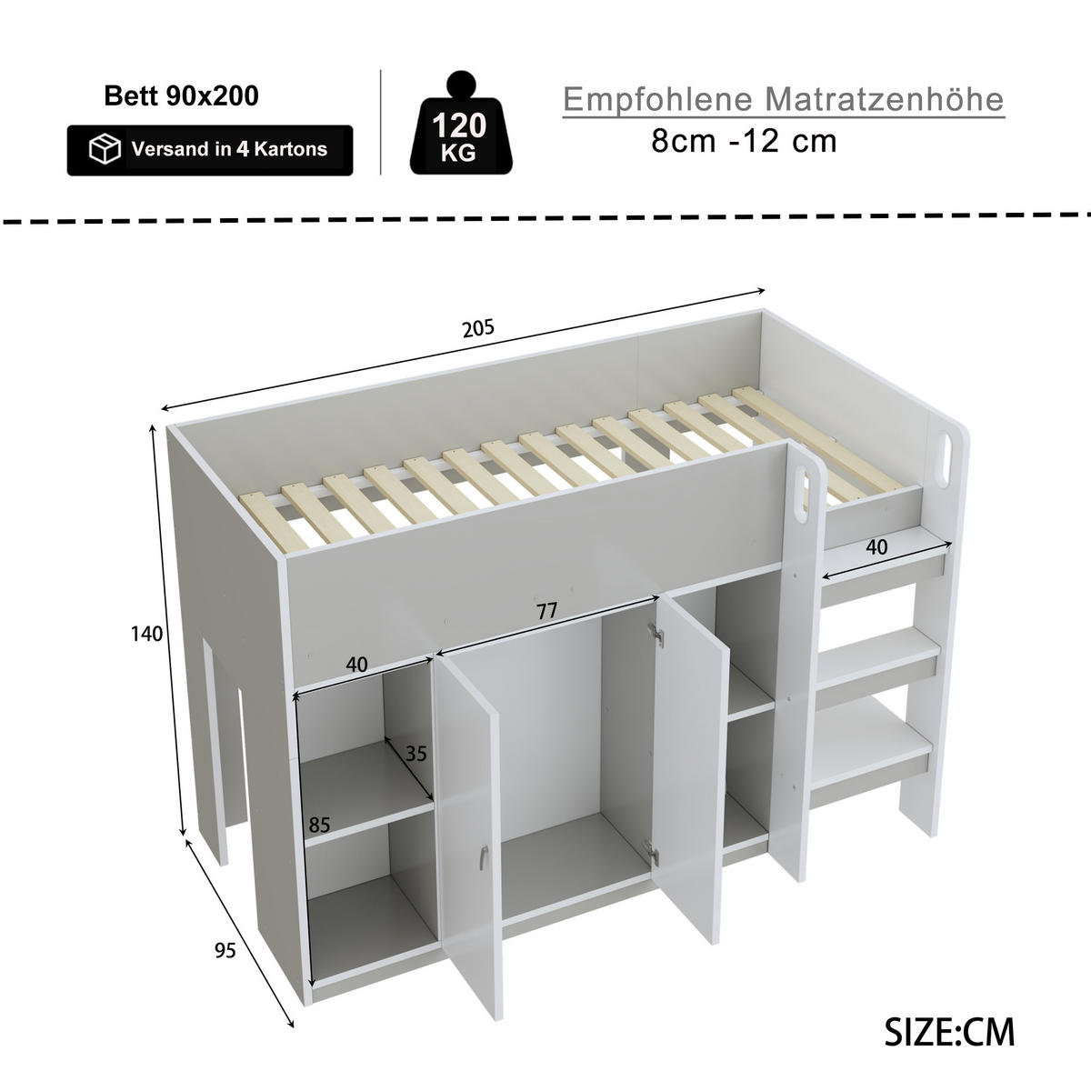 HOCHBETT 90/200 cm Grau mit Stauraum, Schrank und Regalen - Grau, Holz (90/200cm) - OKWISH