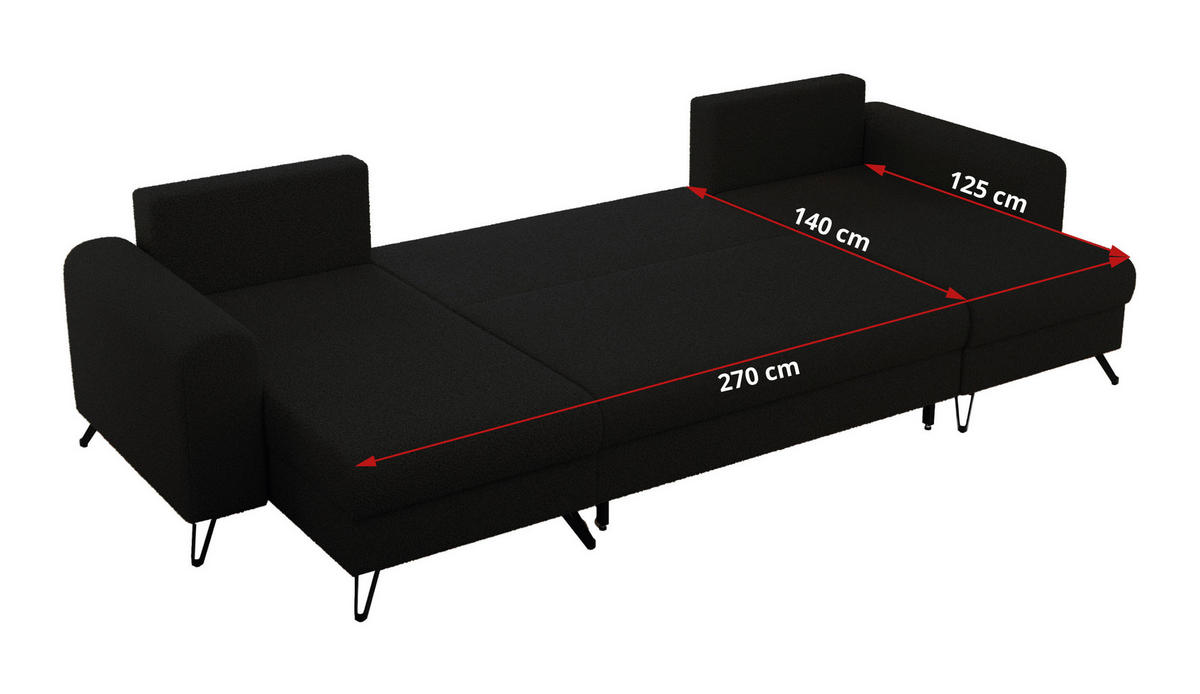 WOHNLANDSCHAFT AXEL U Boucle Schwarz - Schwarz, Textil/Metall (312/90/140cm) - MKS