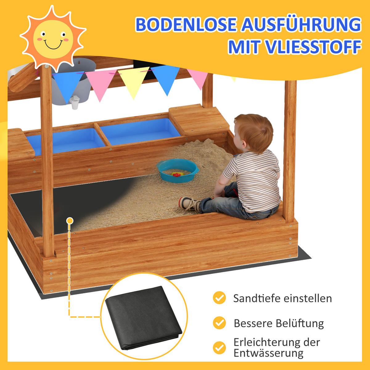 SANDKASTEN mit Dach, Sandkiste aus Holz mit Sitzplatz, Spielhaus für 3-7 Jahre - Orange, Holz (124/116/146cm) - Outsunny